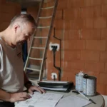 Elektricien bekijkt het elektriciteitsplan op een nieuwbouwwerf